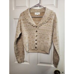 Heartloom Cardigan Small Tan Button Up Boho Fringe Fair Isle Cropped